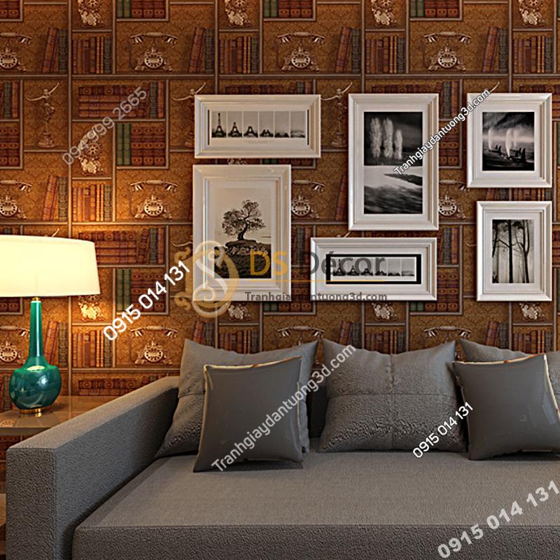 Giay dan tuong ke sach co 3D252 mau nau