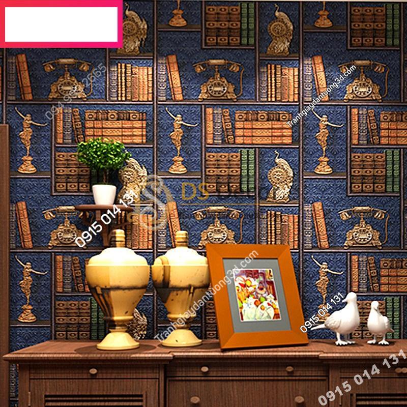 Giay dan tuong ke sach co 3D252 mau xanh