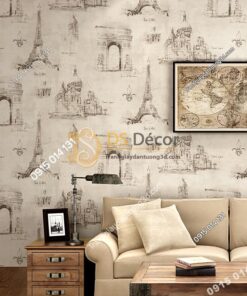 Giay dan tuong thap Eiffel cho quan cafe, cắt tóc 3D254 màu nau