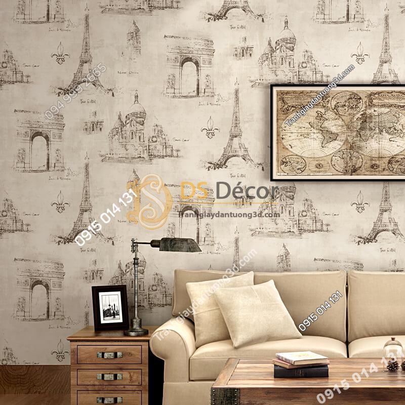 Giay dan tuong thap Eiffel cho quan cafe, cắt tóc 3D254 màu nau