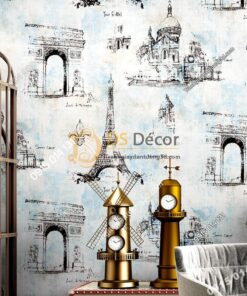 Giay dan tuong thap Eiffel cho quan cafe, cắt tóc 3D254 màu xanh