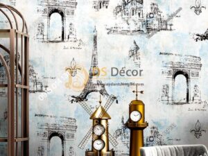 Giay dan tuong thap Eiffel cho quan cafe, cắt tóc 3D254 màu xanh