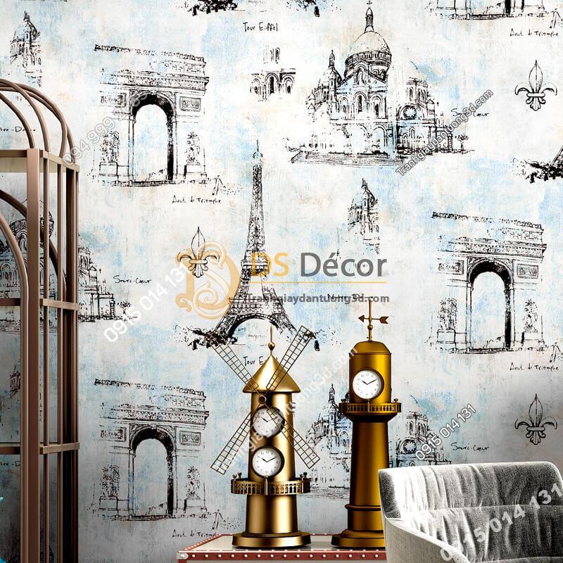 Giay dan tuong thap Eiffel cho quan cafe, cắt tóc 3D254 màu xanh