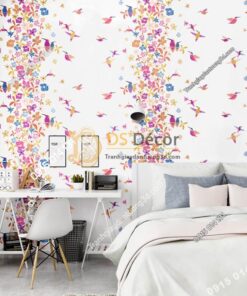 Giấy dán tường họa tiết chim hút mật hoa 3D259 màu hồng dán phòng ngủ