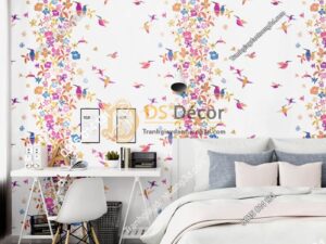 Giấy dán tường họa tiết chim hút mật hoa 3D259 màu hồng dán phòng ngủ