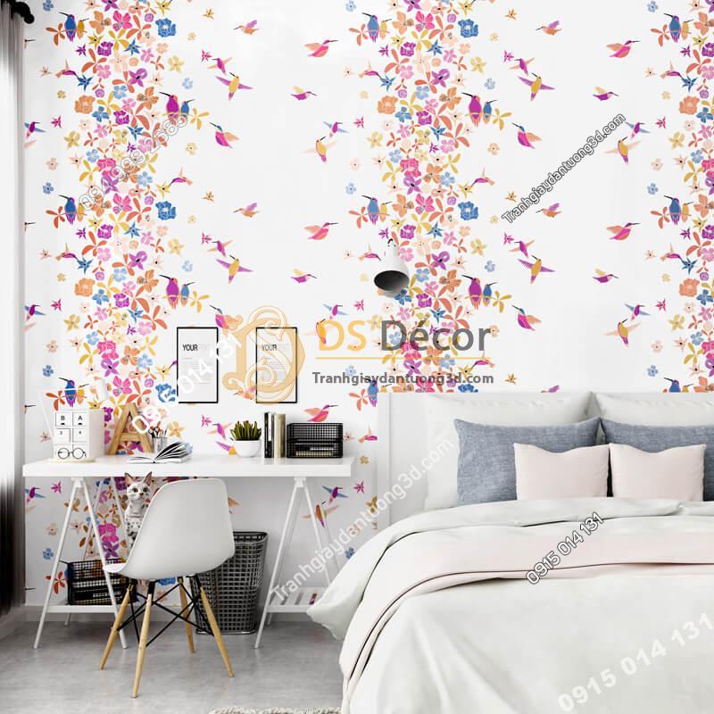 Giấy dán tường họa tiết chim hút mật hoa 3D259 màu hồng dán phòng ngủ