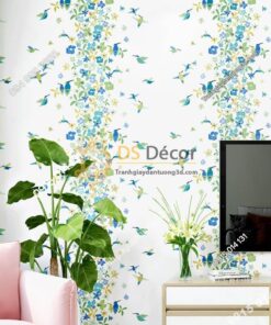 Giấy dán tường họa tiết chim hút mật hoa 3D259 màu xanh dán phòng khách