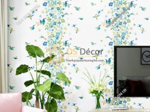 Giấy dán tường họa tiết chim hút mật hoa 3D259 màu xanh dán phòng khách