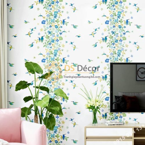 Giấy dán tường họa tiết chim hút mật hoa 3D259 màu xanh dán phòng khách