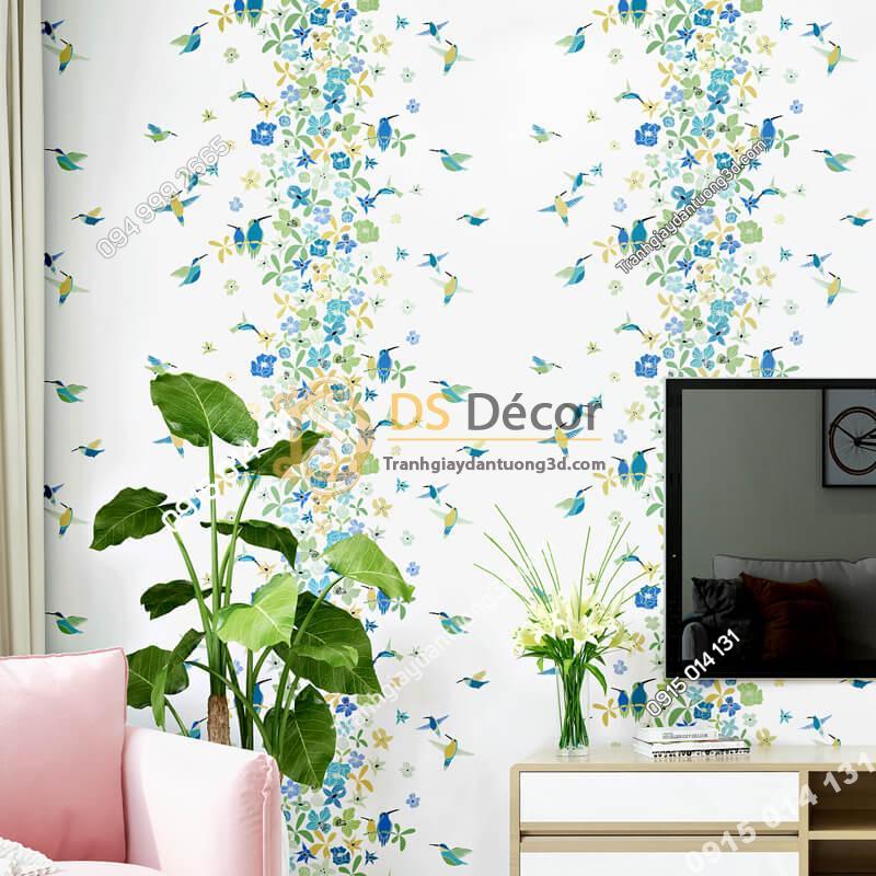 Giấy dán tường họa tiết chim hút mật hoa 3D259 màu xanh dán phòng khách
