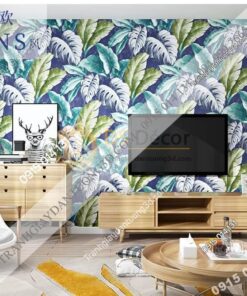 Giấy dán tường lá chuối xanh tím 3D258 trang trí phòng khách