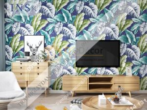 Giấy dán tường lá chuối xanh tím 3D258 trang trí phòng khách
