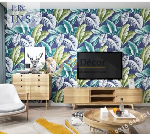 Giấy dán tường lá chuối xanh tím 3D258 trang trí phòng khách