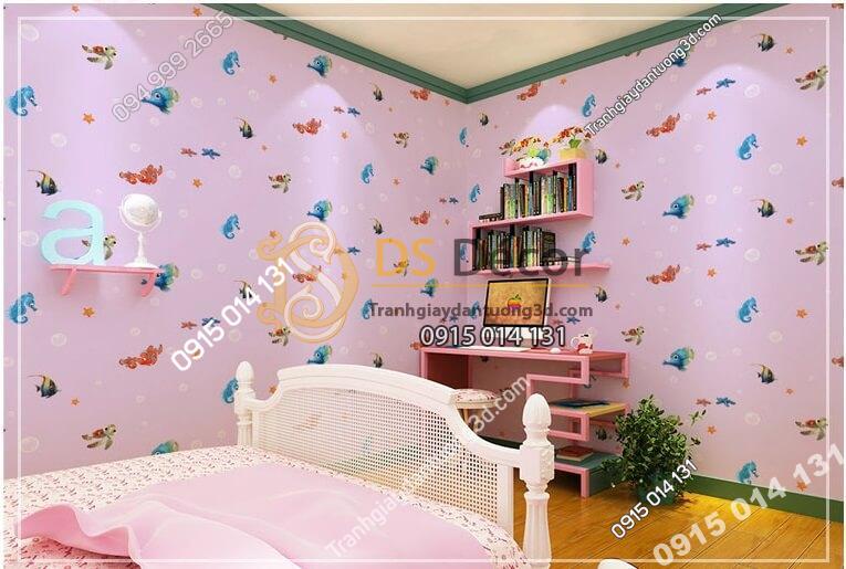 Giấy dán tường cá biển phòng trẻ em 3D269 màu hồng