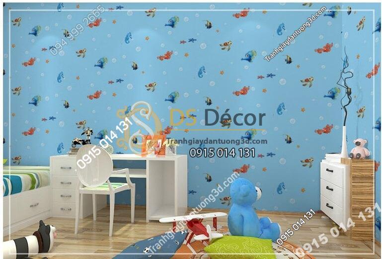 Giấy dán tường cá biển phòng trẻ em 3D269 màu xanh nhạt