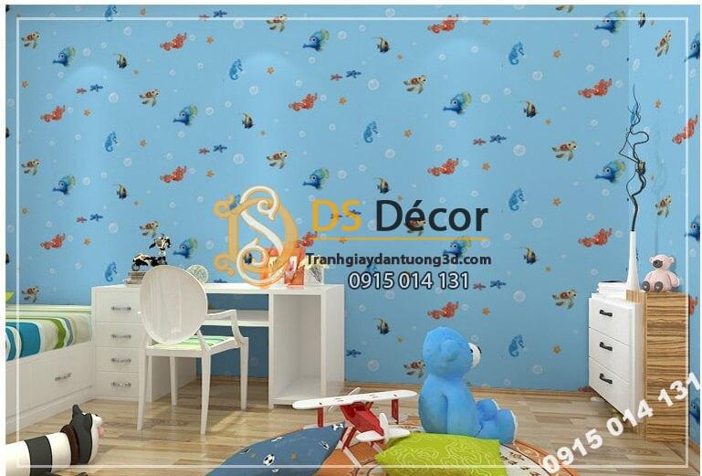 Giấy dán tường cá biển phòng trẻ em 3D269 màu xanh nhạt