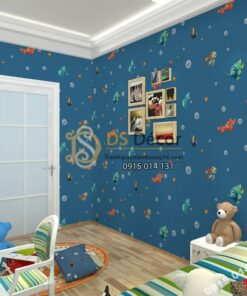 Giấy dán tường cá biển phòng trẻ em 3D269 màu xanh đậm