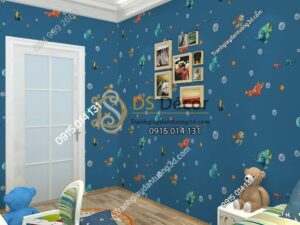 Giấy dán tường cá biển phòng trẻ em 3D269 màu xanh đậm