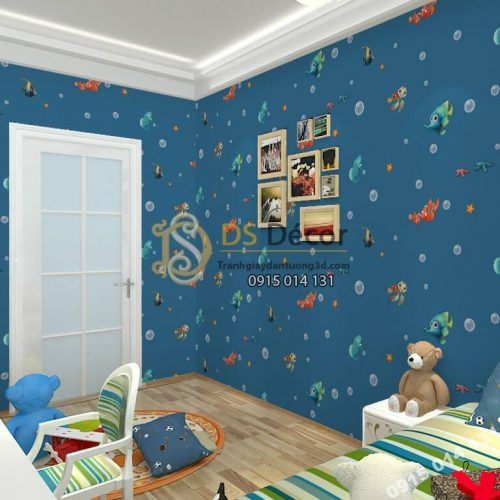 Giấy dán tường cá biển phòng trẻ em 3D269 màu xanh đậm