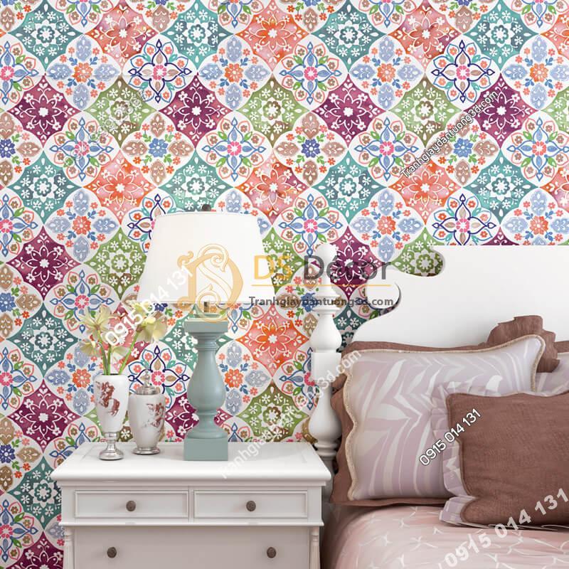 Giấy dán tường giả gạch bông kiểu bohemiang 3D267 màu hồng cho phòng ngủ