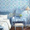 Giấy dán tường giả gạch bông kiểu bohemiang 3D267 màu xanh cho phòng ngủ