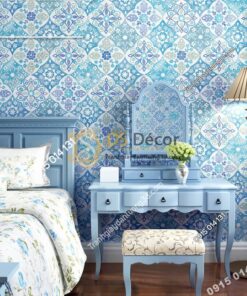 Giấy dán tường giả gạch bông kiểu bohemiang 3D267 màu xanh cho phòng ngủ