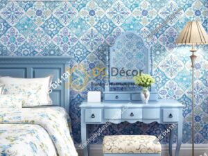 Giấy dán tường giả gạch bông kiểu bohemiang 3D267 màu xanh cho phòng ngủ