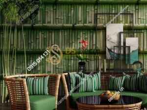 Giấy dán tường giả tường tre xưa 3D266 màu xanh lá cây
