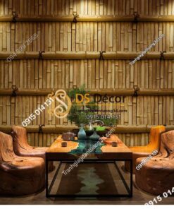 Giấy dán tường giả tường tre xưa 3D266 màu xanh nâu nhạt