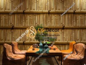 Giấy dán tường giả tường tre xưa 3D266 màu xanh nâu nhạt