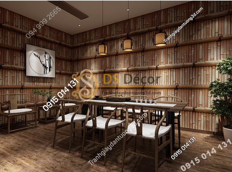 Giấy dán tường giả tường tre xưa 3D266 màu xanh nâu đậm