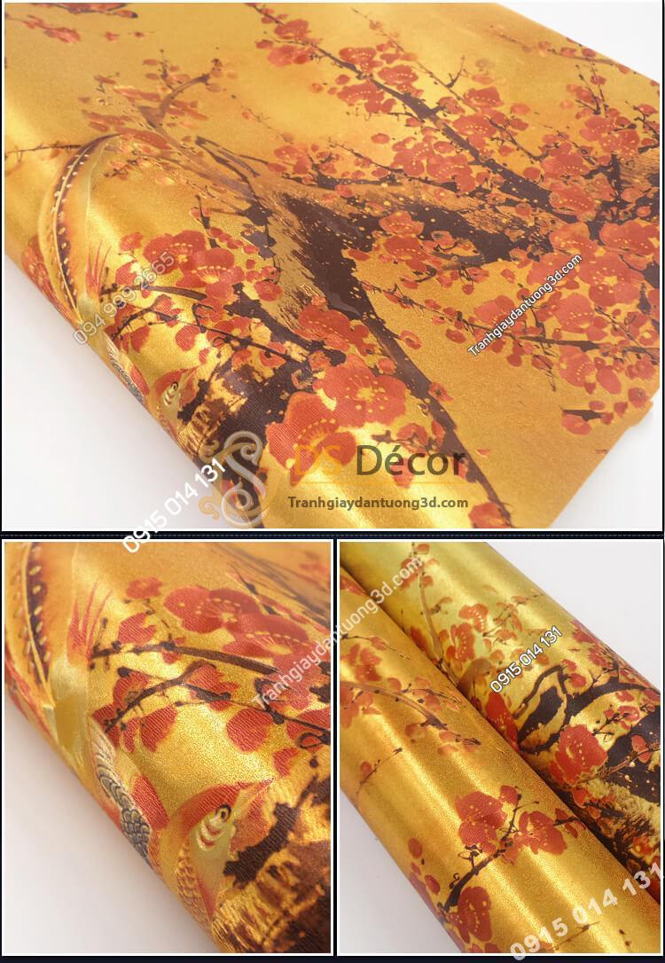 Giấy dán tường hoa đào đỏ chào tết đến xuân về 3D263 màu đậm