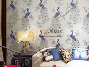 Giấy dán tường họa tiết chim công xanh 3D265