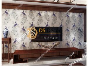 Giấy dán tường họa tiết chim công xanh 3D265 trang trí phòng khách