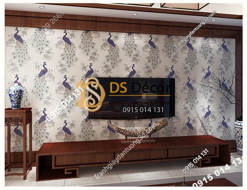 Giấy dán tường họa tiết chim công xanh 3D265 trang trí phòng khách