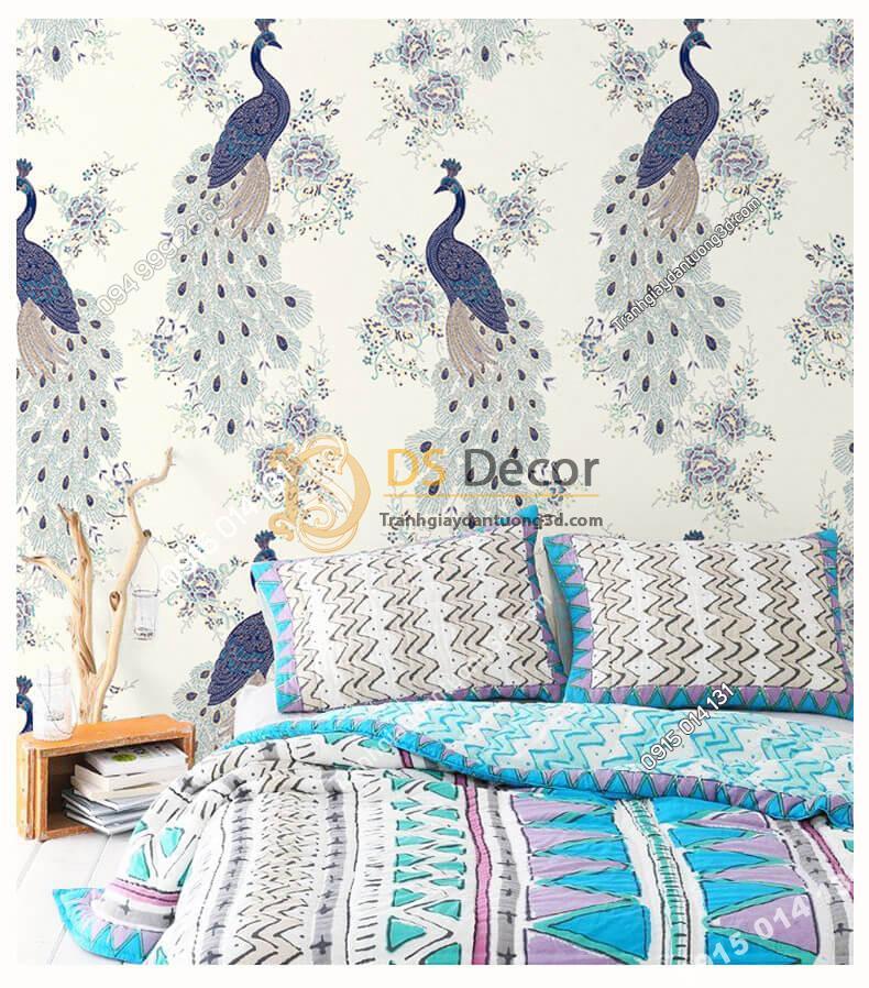 Giấy dán tường họa tiết chim công xanh 3D265 trang trí phòng ngủ