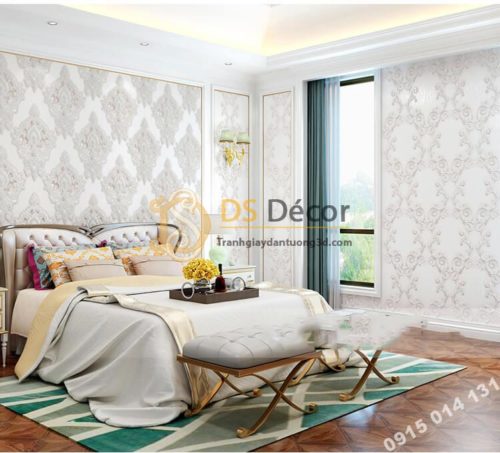 Giấy dán tường châu âu dập nổi Damascus 3D282 màu trắng phòng ngủ