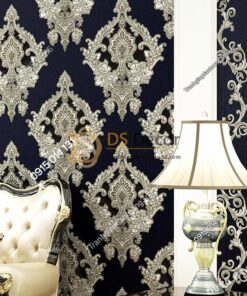 Giấy dán tường châu âu dập nổi Damascus 3D282 màu đen phòng khách