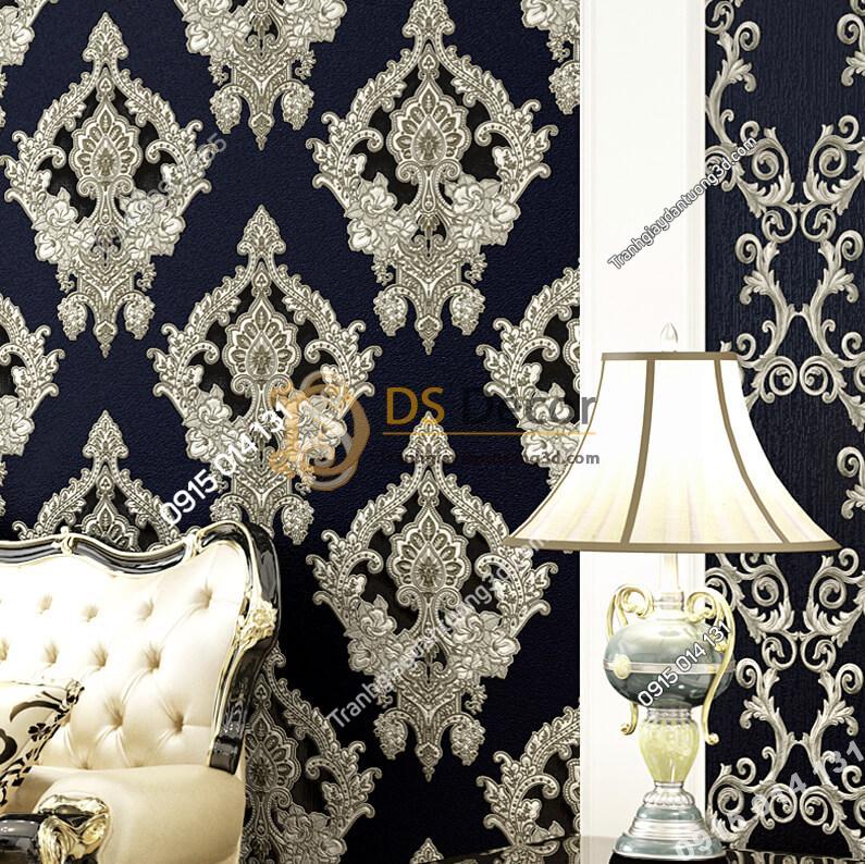 Giấy dán tường châu âu dập nổi Damascus 3D282 màu đen phòng khách