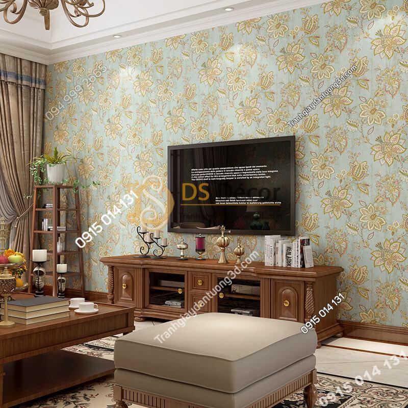 Giấy dán tường cổ điển hoa mộc mạc 3D279 màu xanh