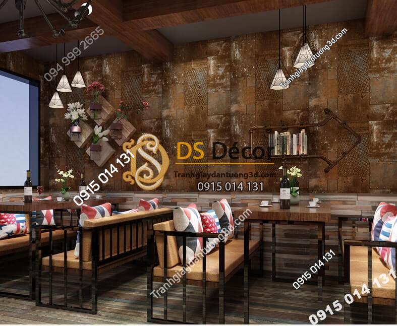 Giấy dán tường giả tường sắt han rỉ 3D277 màu nâu cafe quán ăn