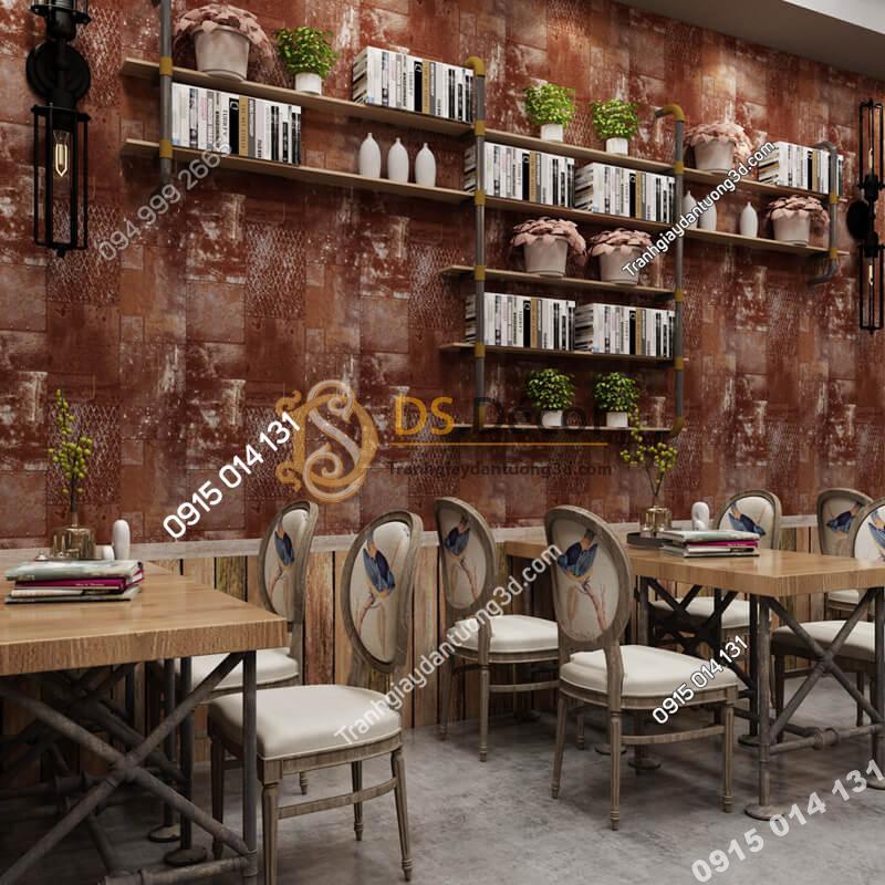 Giấy dán tường giả tường sắt han rỉ 3D277 màu nâu đỏ quán ăn