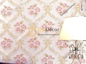Giấy dán tường hoa leo hồng cổ điển 3D275 phòng ngủ
