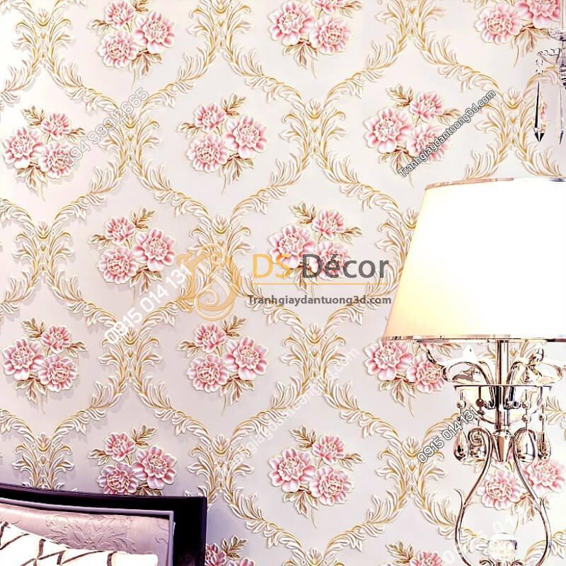 Giấy dán tường hoa leo hồng cổ điển 3D275 phòng ngủ