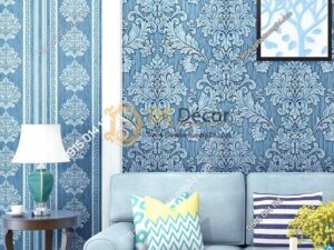 Giấy dán tường sọc dọc cổ điển sang trọng 3D276 màu xanh dương phòng khách
