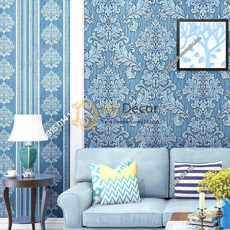 Giấy dán tường sọc dọc cổ điển sang trọng 3D276 màu xanh dương phòng khách
