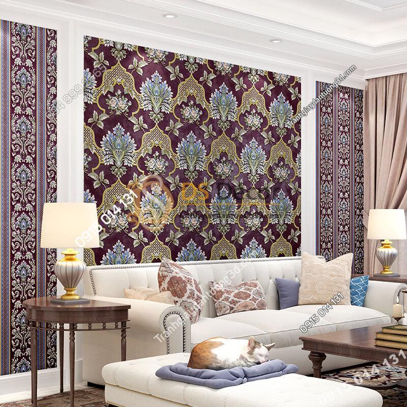Giấy dán tường cổ điển hoa dập nổi 3D295 màu tím phòng khách