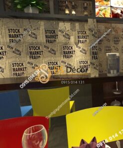 Giấy dán tường giả báo trắng đen cho quán trà sữa tông nâu 3D293