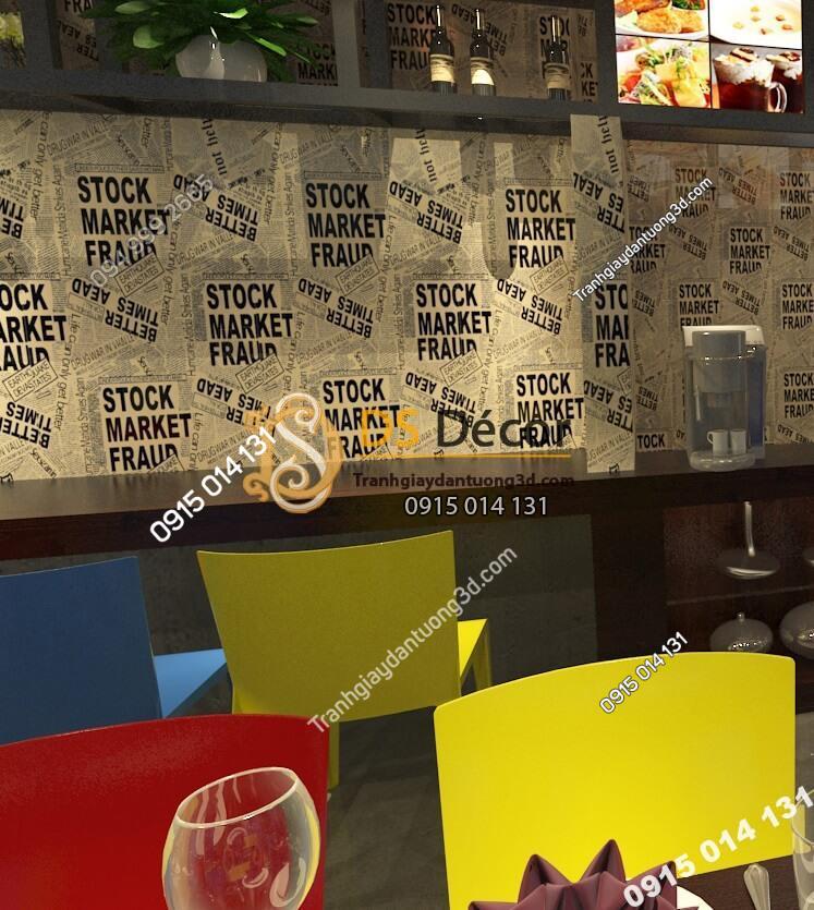 Giấy dán tường giả báo trắng đen cho quán trà sữa tông nâu 3D293