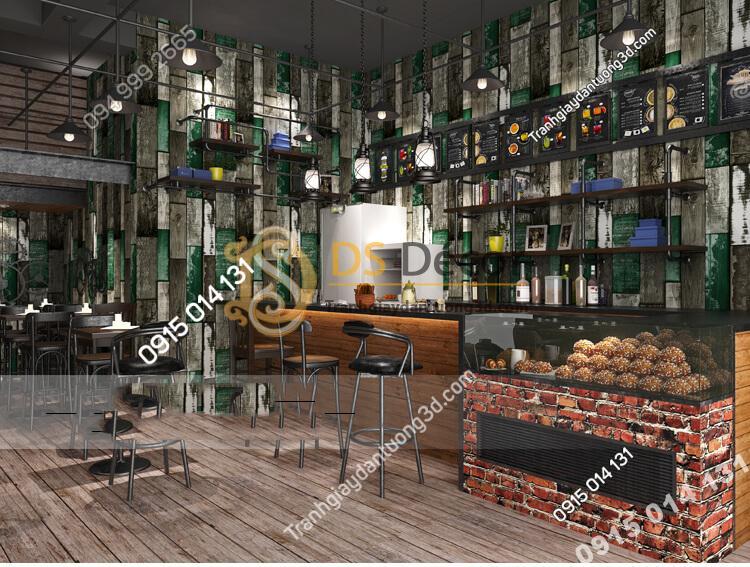 Giấy dán tường giả gỗ ván cổ vintage 3D290 màu xanh quán cafe